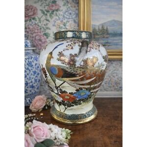 Hand Painted Kutani Vase Peacock Floral Gold Gilt Japan Mid Century Stunning